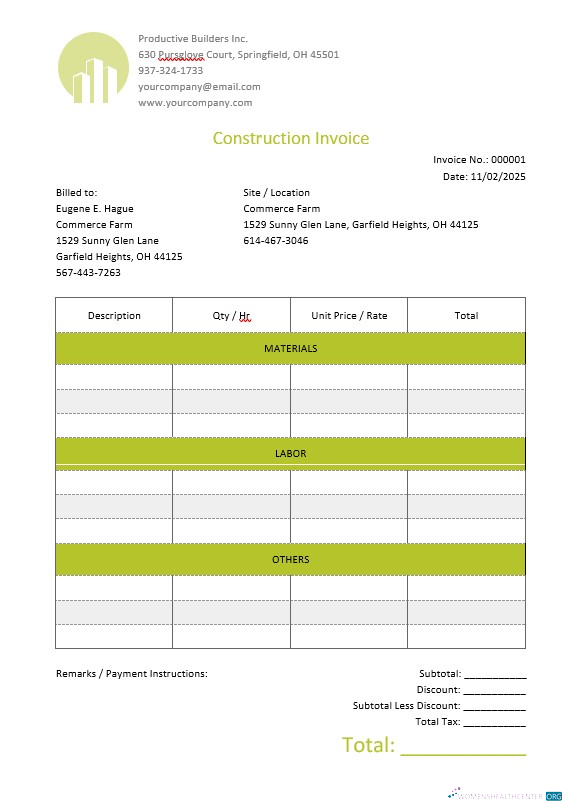 Download Blank Construction Invoice Template Photoshop template